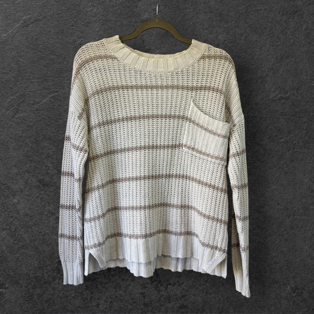American Eagle Women's Oversized Knit White/Brown Striped Sweater‎ Size XS